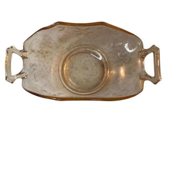 Vintage Pink Depression Glass Etched Floral Bowl With Dual Handles - Picture 2 of 7